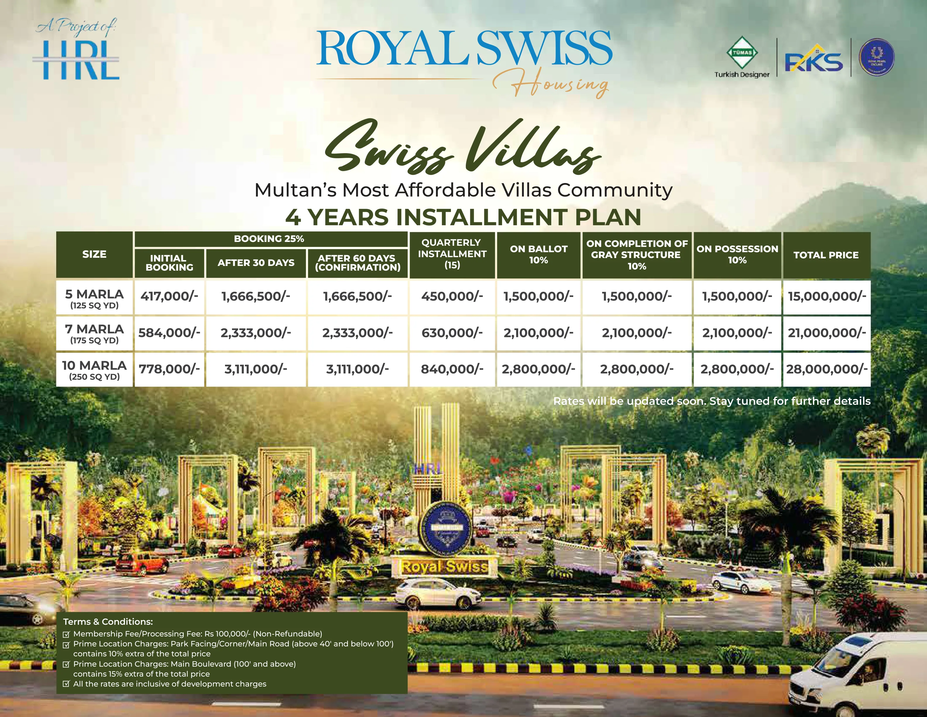 Royal Swiss Villas four-year installment payment plan and booking conditions for Multan villas